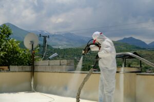 un homme en costume blanc pulvérisant de l'eau sur un toit