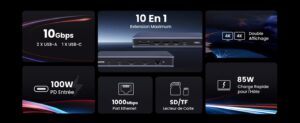 Station d'accueil multifonction 10-en-1 avec affichage double 4K, parmi les meilleurs accessoires tech pour un espace de travail productif